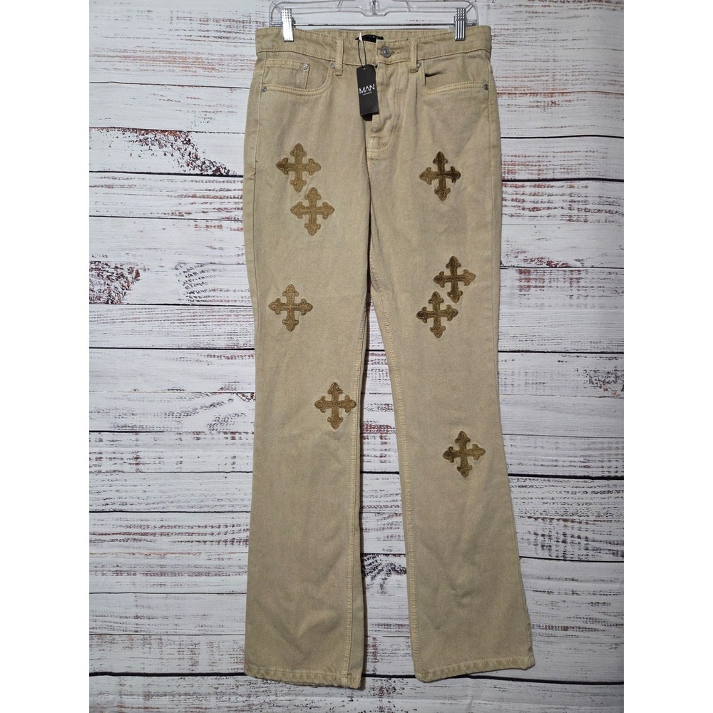 BoohooMAN Mens 30 Tall Cross Patch Embroidered Straight Leg Jeans Sand Beige